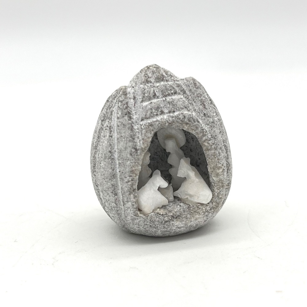 Hand Carved Miniature Soapstone Nativity Scene Egg Shape Gray White 1.25 Inch